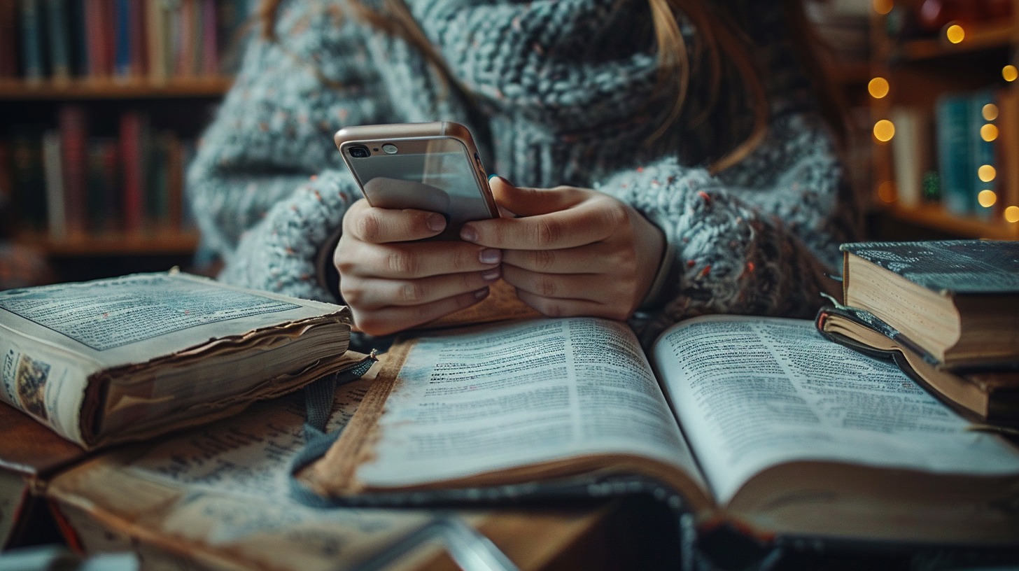 Student’s hands holding a smartphone with an educational app